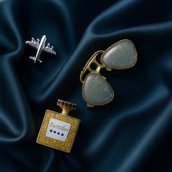 Perfume Bottle, Airplane & Sunglasses Brooch Pin Set – Fashion Jewelry Trio - Picture 1 of 9